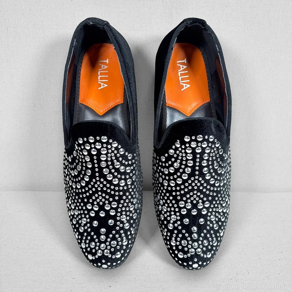 NEW‎ Tallia Raffaele Velvet Studded Smoking Slipper Loafers | Black | Men's 8